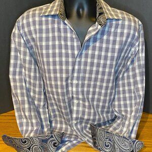 Christian Ajuard Mens XL L/S Plaid Checkered Collared Button Shirt light gray